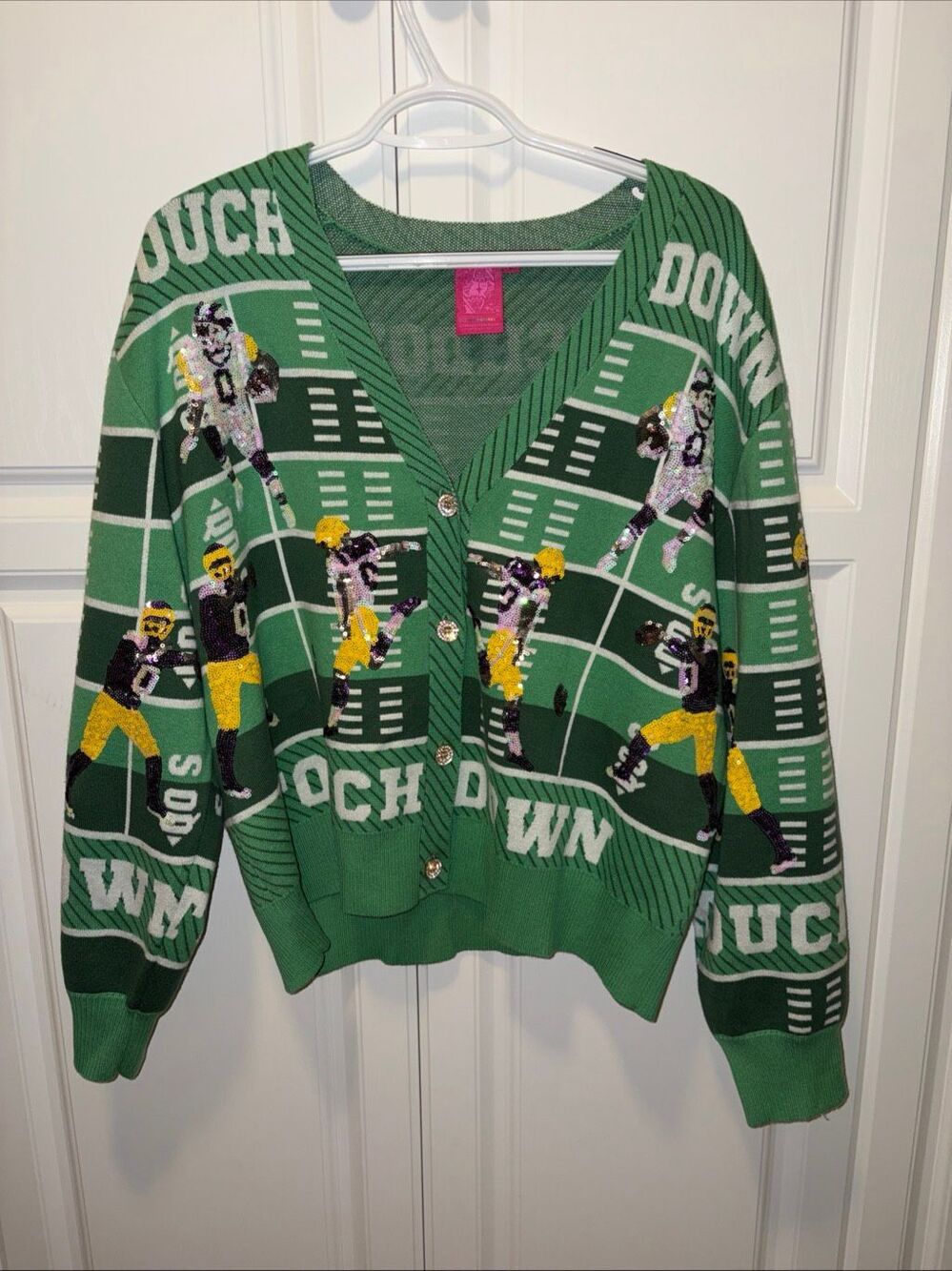 QUEEN OF SPARKLES Green Purple Gold Touchdown Cardigan Women’s Med Football